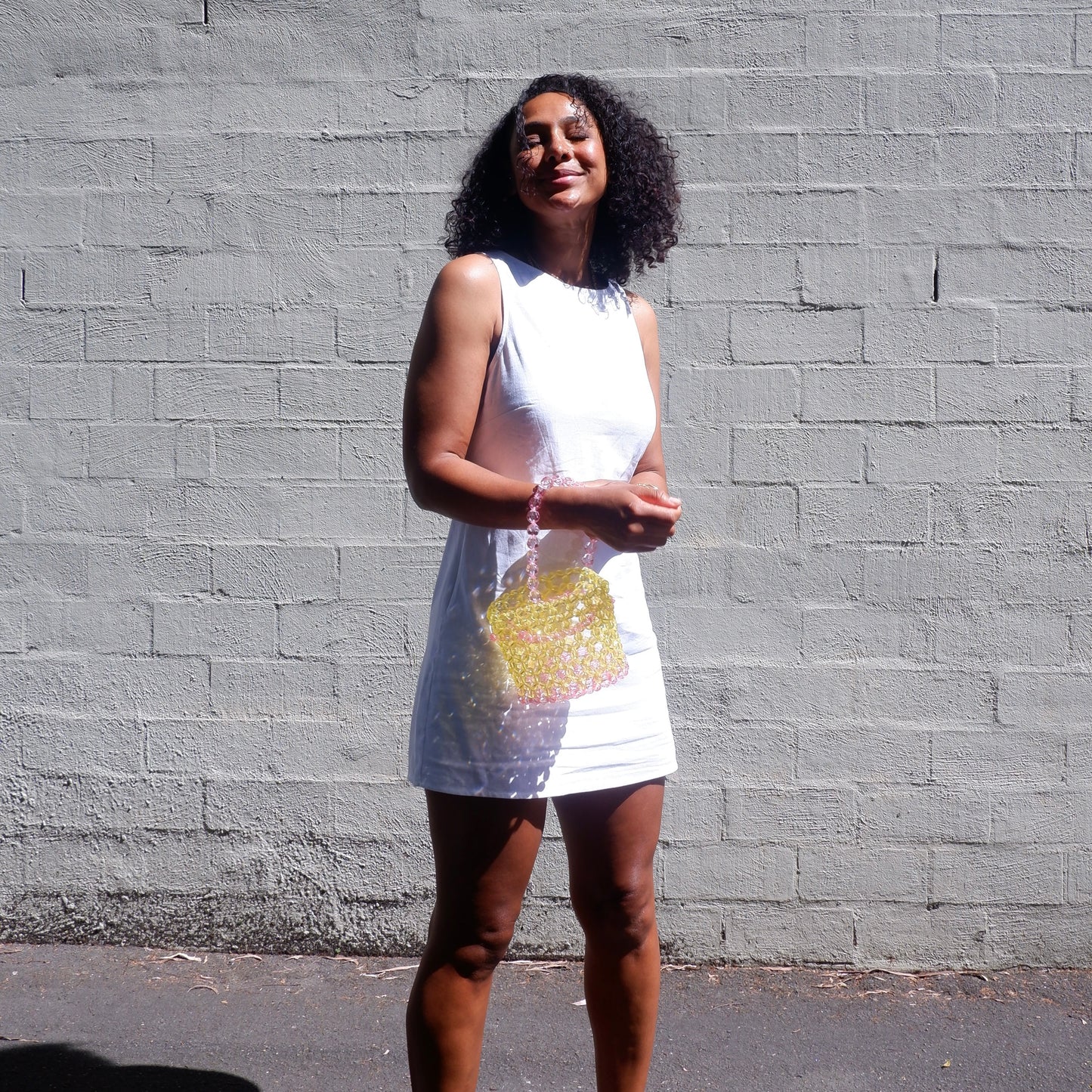 WHIMSY174 - handmade beaded yellow and pink bucket bag