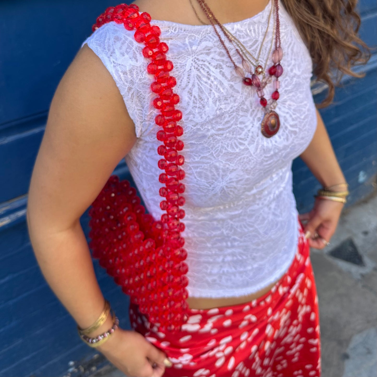 WHIMSY088 - handmade beaded red shoulder bag