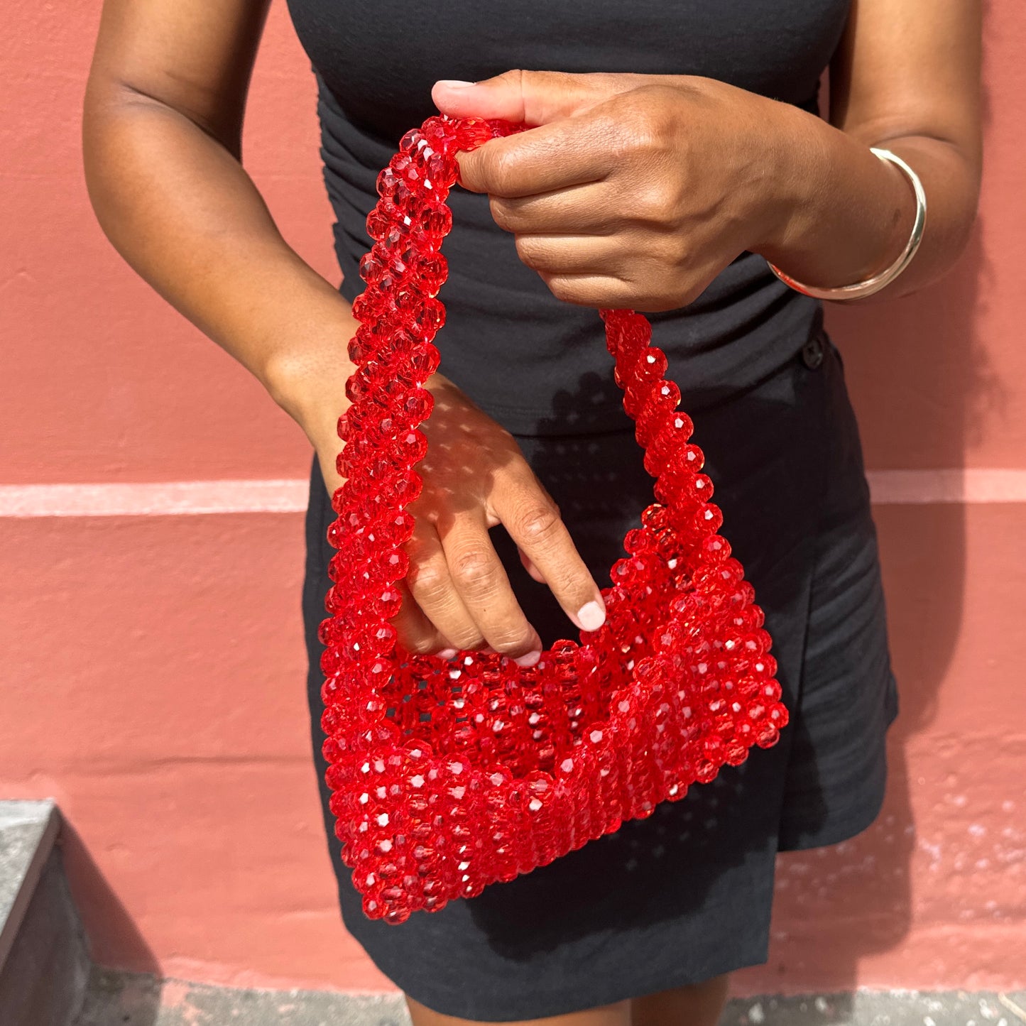 WHIMSY050 - handmade beaded red shoulder bag with thick strap