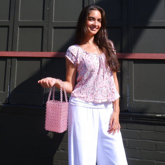 WHIMSY070 - handmade beaded pink boxy bag