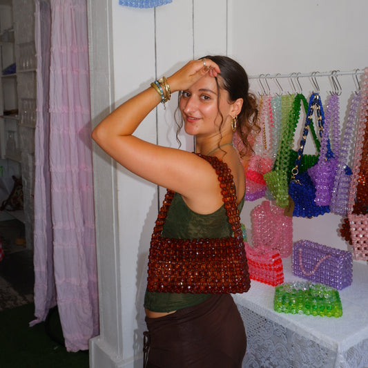 WHIMSY128 - handmade beaded brown baguette bag