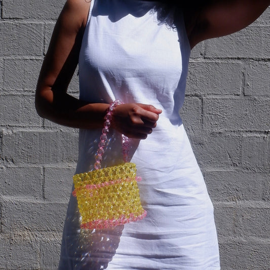 WHIMSY174 - handmade beaded yellow and pink bucket bag