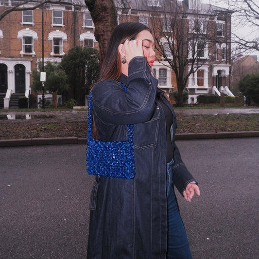WHIMSY066 - handmade beaded navy shoulder bag